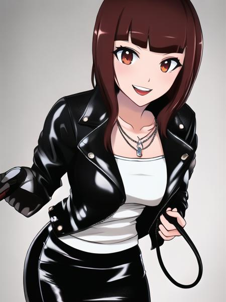 <lora:pixai minorin 2D hassaku:0.85>, minorin, chihara minori,  medium dark hair, swept parted bangs, 1 adult  woman, microphone, solo, cable, riding crop, smile, scarlet leather jacket, medium breasts, necklace, pencil skirt,   whip,  dominatrix, asymmetrical hairdo, blunt bangs, sidelocks, predatory look,  finger gloves, red latex, intricately detailed, highres 4k, hdr, diffuse dynamic lighting, cinematic shading, rtx on , masterpiece, best quality, seiyuu, voice actor, idol,