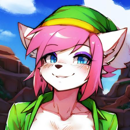 day, sky, cloud, 1girl, solo, (portrait, close-up), (prettyeyes), (soft smile:1.2), parted lips, <lora:GoodHands-beta2:1>, <lora:Pink-Link:0.98>, pink-link, pink hair, blue eyes, green hat, green tunic, medium breasts, wolf, wolf girl, wolf ears, furry, fluffy white fur, (by_shaolin_bones:0.8), (by_daigaijin:0.4), (by_c-3matome:0.6)