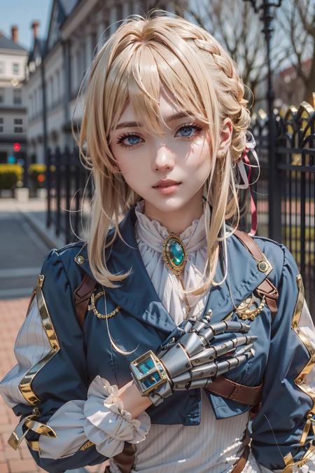 realistic detail, realistic, detailed,
break
1girl, petite, extremely beautiful, detailed skin complexion, vioev, violet evergarden, blonde, blue jacket, white dress, gloves, mechanical arms, mechanical hands, jewelry, cosplay
break
outdoor, flower garden, romantic
break
perspective, portrait, artistic photography, detailed background, light and shadow contrast, rule of third, depth of field, sharp focus, foreground background, depth and dimension
break
 <lora:CA_Violet_Evergarden:0.85>