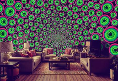 many hundreds of green eyes fractal spiralling illustration psychedelic hallucination visuals, overlaid layer of spiral eyes over a normal scene in a living room, transparency layer