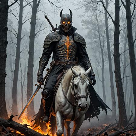 Headless horseman, sword in hand, fiery eyes, misty air, woods, haunting, chilling, bones, fiery sword above raised above head,   , urban legend, fairytale<lora:add-detail-xl:1>,<lora:detailed_notrigger:1>