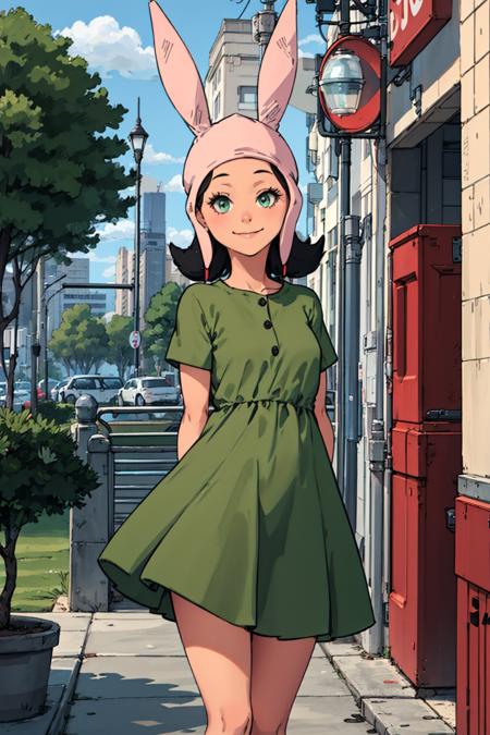 louise, 1girl, solo, rabbit ears, animal ears, black hair, smile,green dress, hat,looking at viewer, arms behind back <lora:louise-000008:0.6>