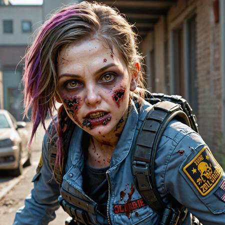 (((Ultra-HD-quality-details, ideal-cutesie))),40-zoey-olderv2-zombie,dynamic angles,masterpiece,(detailed),(detailed skin),1girl,wearing special forces gear,(bullet wounds),<lora:Zoey_zombie_olderV2_r40:0.8>,action poses,ray tracing,vivid colors,vibrant colors,4k,8k,<lora:more_details:0.6>,