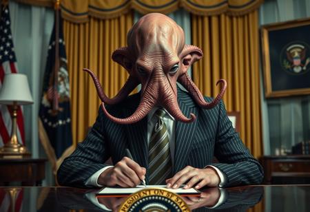 president cthulu in a sharp pin striped suit posing for presidential portrait in the oval office, real photograph, signing bill, empty eyes, lovecraftian, vote for cthulu photorealistic, correct hands, correct fingers, seal of the president of the united states