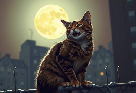 An Alley Cat high on crack singing on a city fence because he is in heat. The moon is full and keeping the scene bright.  The cat is all fucked up and drunk. his fur is matted and he has rips cut out in his ears from fighting.  His whiskers are all uneven and bent.