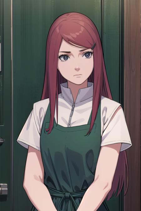 kushina, <lora:kushina-lora-nochekaiser:1>,
kushina, long hair, hair ornament, red hair, hairclip, (grey eyes:1.5),
BREAK shirt, dress, jewelry, white shirt, short sleeves, apron, bracelet, green apron, collar,
BREAK looking at viewer, full body, (cowboy shot:1.5),
BREAK indoors,
BREAK <lyco:GoodHands-beta2:1>, (masterpiece:1.2), best quality, high resolution, unity 8k wallpaper, (illustration:0.8), (beautiful detailed eyes:1.6), extremely detailed face, perfect lighting, extremely detailed CG, (perfect hands, perfect anatomy),