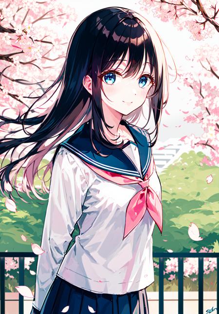 (upper_body:1.5), close-up, cherry_blossoms, outdoors, day, spring_\(season\), 
1girl, smile, solo, bangs, blue_eyes, blush, closed_mouth, looking_at_viewer, 
long_hair, brown_hair, branch, eyebrows_visible_through_hair, floating_hair,hair_between_eyes, 
blue_sailor_collar, serafuku, long_sleeves, neckerchief, pleated skirt, 
pink_flower, petals, tree, white_shirt, wind, railing, sky,
 <lora:style_Hiten:0.8>