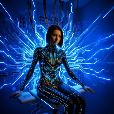 mia sara as a female biocomputer, age-36, brunette, bodysuit of fluorescent iccircuitart circuit lines, weird fashion, cyberpunk fashion, futuristic fashion, eye implant, 7-jackedin connected by wires to a wall, assimilated into a dental chair by cables, inside a cyberpunk silicon chip, magical theme
(Professional photography, bokeh, flash photography, sharp focus, tilt-shift lens, wide angle shot:0.9)