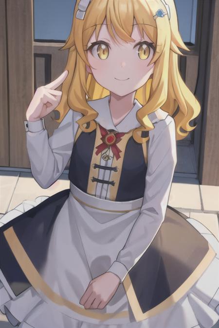  emily, 1girl, solo, yellow eyes, blonde hair, ahoge, long hair,