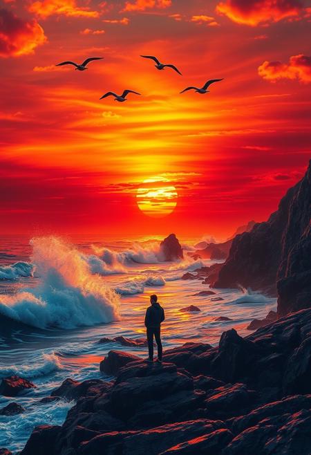 A breathtaking coastal scene unfolds: a rugged shoreline meets the dramatic sunset, where waves fiercely crash against the rocky shore. The sky is set aflame with vibrant hues of orange and red as the sun teeters above the water's edge, refracting through misty tendrils to create a mesmerizing display of color. Above, seabirds majestically soar, their wings aglow with golden light as they glide across the crimson canvas. In the foreground, a solitary figure stands, gazing out at the enchanting horizon, their silhouette defined against the fiery backdrop.