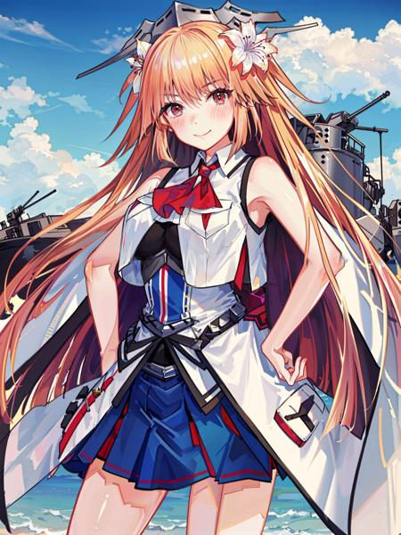 brookyln \(kancolle\), 1girl, solo, skirt, sleeveless jacket, blue skirt, sleeveless, pleated skirt, pocket, cosplay, breasts, breast pocket, red ascot, flower, cowboy shot, overskirt, uniform, smile, looking at viewer, military uniform, hand on hip, military, white jacket, ascot, hair flower, jacket, vest, large breasts, blue sky, outdoors, blush, miniskirt, original, intricate detail, illustration, masterpiece, extremely detailed CG unity 8k wallpaper, highlight, sharpening, dynamic,