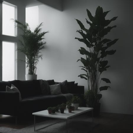 modern living room, dark foggy rainy evening outside, dim lighting, moody lighting, plants, large plants