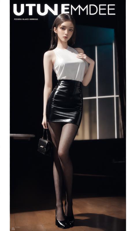 (tutuhd),pantyhose,black miniskirt, black pencil skirt, high heels, 
(best quality, masterpiece, ultra high resolution),(photorealistic:1.37), (immersive atmosphere, chiaroscuro:1.5,bright light:1.2,luminous lighting),
(Magazine cover-style illustration of a fashionable woman),
(The text on the cover should be bold and attention-grabbing, with the title of the magazine and a catchy headline. The overall style should be modern and trendy, with a focus on fashion and lifestyle),
1girl, cute,slim,(pale skin,shiny skin),(full body),(looks at the viewer), very long hair,top fashion,
night,(Floor-to-ceiling windows, city),
<lora:add_detail:0.5> <lora:LowRA:0.45> <lora:Magazine:0.3>
 <lora:å¾å¾çå¨ä¸ï¼20Då°å­æ¸ç½è¢è¿ï¼_v1.0:0.85>