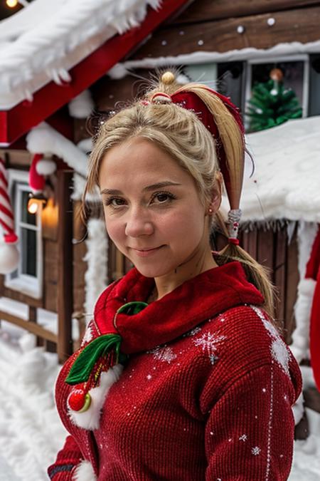 mrs santa claus, santas grotto, north pole, elves, snowmen, candy canes, snow, icicles,  <lora:Sarah_Jane_Honeywell:1> masterpiece, best quality, detailed face, 1girl, solo, a young sj1873h, blonde_hair pony tail