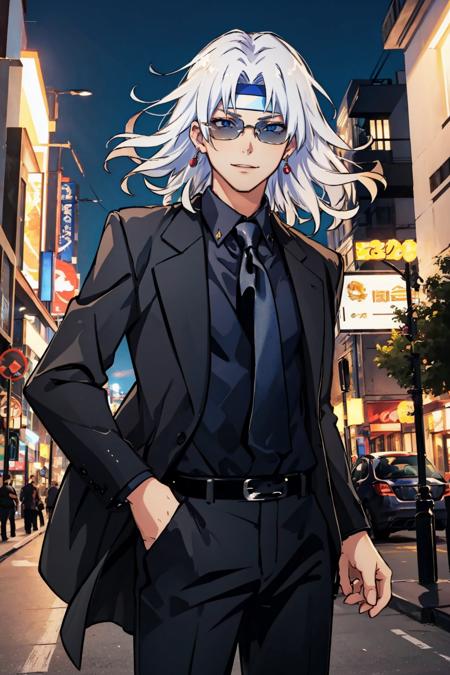 masterpiece, best quality,<lora:ff4cecil-nvwls-v1-000009:0.9> ff4cecil, headband, standing, looking at viewer <lora:attire_allblacksuit-12:1> allblacksuit, city street, sunglasses, cowboy shot, smile