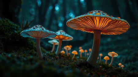 The intricate and venomous fungi dance in the dim and mossy gloom of the woodland. They are crafted from stained glass, shimmering with a vivid gradation of azure-vermilion light. The minuscule specimens can be discerned in the distance. A cinematographic apparatus is positioned near the ground level, rendering the spectacle in all its splendour.
