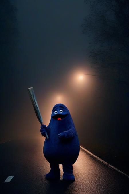 <lora:PE_Grimace:0.8> Grimace, 
standing on a road in the middle of the night, dark road,( holding a baseball bat),
heavy rain,trees on the side of the road,creep dark atmosphere, cinematic lighting,