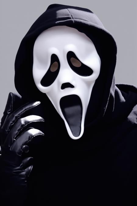 Ghostface Baller,  solo,  open mouth,  simple background,  gloves,  1boy,  male focus,  black gloves,  hood,  mask,  hood up,  black border, <lora:EMS-44589-EMS:1.000000>