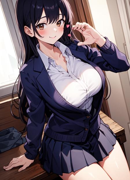 masterpiece, absurdres, ultra-detailed, Yamada Anna, 1girl, solo, long hair, blush, large breasts, black hair, long sleeves, brown eyes, school uniform, jacket, white shirt, pleated skirt, collared shirt, blue skirt, blazer, cardigan, blue jacket, (realistic:0.35), blush, smile, looking at viewer, breast pocket, <lora:Yamada_Anna-15:0.6>, (heart-shaped hands:1.3)