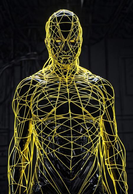 (three-quarter shot on camera canon EOS 5D Mark vi, len 35mm, f2.6). Enigmatic human figure with a dark templed, futuristic and giant piramid-form structure made of glass, wearing a yellow fitted long sleeve shirt, on a blurred darkgray studio background. (Gazing straight). tangled wires connected from nape to head, cyborg. Cyberpunk, modern art, futuristic. dark atmosphere, dimsy lit, white cenital light, strange, bizarre. Photorrealistic, hyper detailed, octane render, raytracing, ambient occlusion, 16K UHD.