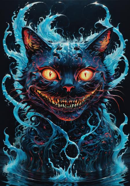 macabre style horror-themed psychedelic style (Masterpiece, high quality, best quality, official art, beauty and aesthetics:1.2),water element,a cat made of water,water,(cat:1.2), wide creepy grin, smile with teeth, <lora:xl-shanbailing-1011-2water:0.85> <lora:SDXLStencilStyle:0.6> . vibrant colors, swirling patterns, abstract forms, surreal, trippy . eerie, unsettling, dark, spooky, suspenseful, grim, highly detailed . dark, gothic, grim, haunting, highly detailed