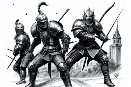 Pencil sketch, intricately detailed, rich shadows, highest resolution, highest quality, 8k UHD, 
best perfect realistic HD ultra HD 4k image, battle knights with a large and scary fire dragon, nearby castle, weapons swords, crossbows, bows, detailed visualizations of knights, dragon and landscape, detailed depiction of their faces and weapons and armor, and o