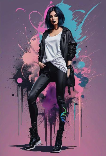 chaos magic, magic realism, fashion girl, mix edm/dark techno, view full body with legs, (legins::1.7), graphic style of drawing, ink painting, minimal the background, flat vector illustration,  muted faded colors, banksy