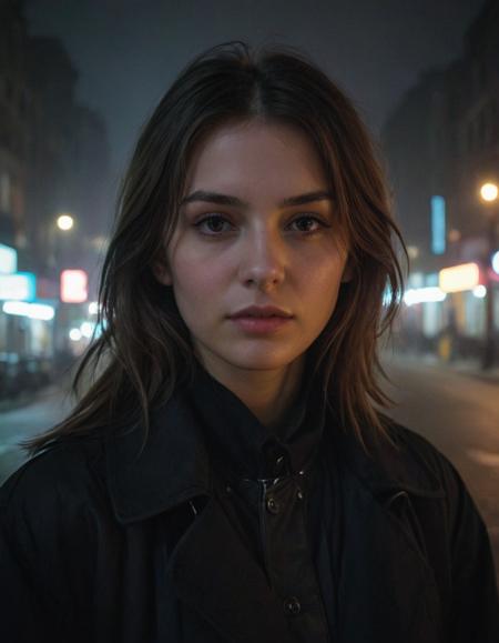 city street, neon, fog, volumetric, closeup portrait photo of young woman in dark clothes