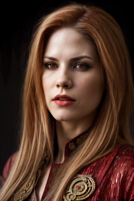 portrait photo of mko,(red vampire style shirt), (dirty blonde hair), alluring portrait, intricate, highly detailed, digital painting, artstation, concept art, naughty, sharp focus, cinematic lighting, illustration, art by artgerm and greg rutkowski, alphonse mucha, cgsociety,<lyco:MarianaKlaveno-RealVision-V1.0:1.0>,