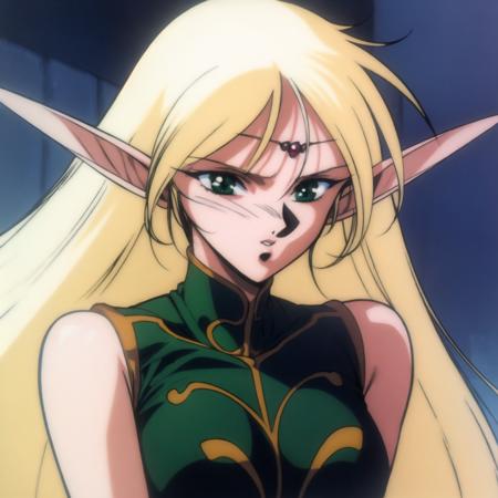 retro artstyle, 1990s \(style\), masterpiece, best quality, deedlit, 1girl, female elf, pointy ears, blonde hair, very long hair, green eyes, medium breasts, sleeveless, green dress, short dress, highly detailed, upper body,  <lora:DeedlitLoRA2-10:0.9>