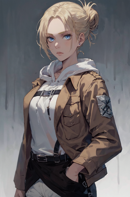 annie_leonhardt, 1girl, solo, long sleeves, closed mouth, jacket, open clothes, belt, pants, hood, grey background, hair bun, uniform, open jacket, hoodie, hood down, buckle, brown jacket, emblem, white hoodie, paradis military uniform