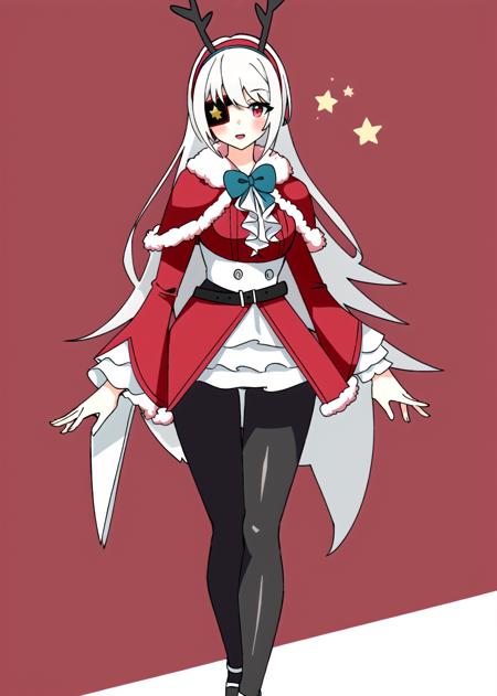 1girl, solo, christmas, long hair, eyepatch, fur trim, red eyes, santa costume, antlers, capelet, bow, hairband, looking at viewer, white hair, simple background, red capelet, pantyhose, belt, grey hair, smile, black pantyhose, fur-trimmed capelet, fake antlers, christmas_background, dress, long sleeves, bangs, skirt, blush, bowtie, closed mouth, upper body, star (symbol), open mouth, frills, reindeer antlers, breasts, standing,  cape, red dress, medium breasts, pink background, , ,, high heels, red skirt, long_hair,spread_legs,pussy,panties,<lora:reinaFortnite-09:0.7>