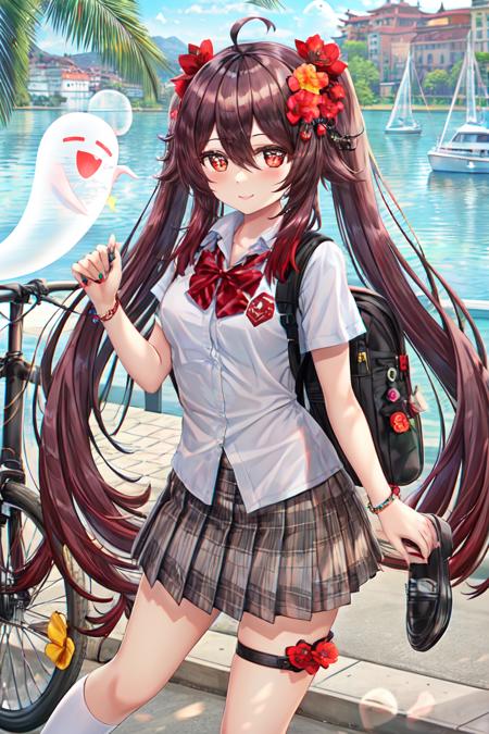 torino aqua, 1girl, ahoge, alternate costume, backpack, bag, bangs, bicycle, blush, boat, bow, bowtie, brown hair, building, electric fan, flower, genshin impact, ghost, ground vehicle, hair between eyes, hand fan, hat, highres, holding, holding fan, hu tao (genshin impact), jewelry, lake, long hair, looking at viewer, nail polish, red eyes, revision, school uniform, shirt, shoes, skirt, smile, solo, symbol-shaped pupils, thigh strap, torino aqua, twintails, watercraft,

<lora:torino_aqua:0.6>