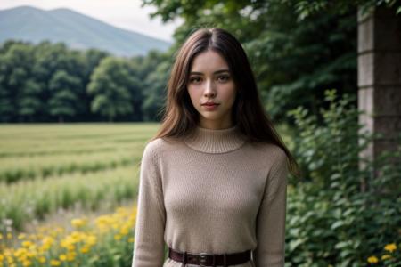 35mm film, one pretty european young woman, solo, supermodel, brown hair, long wavy hair, pale skin, slim eyebrows, no eyebags, perfect face, small nose, blue big eyes, symmetric thick red lips, big tits, nice breasts, cleavage, necklace, jewelry, blue colour elegant style lace dress with a belt, looking at viewer, slightly smiling, a breath taking flower garden view, countryside landscape, offering panoramic views of majestic and sweeping flower blooming fields, cottage house, summer garden, summer house, natural light, full body, epiCPhoto, <lora:pytorch_lora_weights:0.5>, <lora:picxer_real:0.7>, <lora:FilmVelvia3:0.3>, <lora:more_details:0.6>