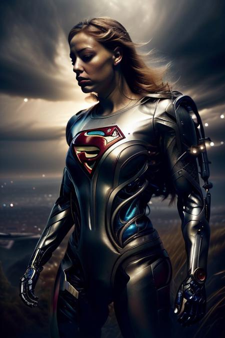 cinematic film still silverpulse, cyborg supergirl, 'S' Logo on chest, red cape, simple background, high quality, artistic, vibrant colors, detailed textures. futuristic sleek/glossy silver and blue glow, vibrant colors, detailed textures., Concept art, cyborg, background, vintage, modern, SilverPulse, superman_oc, <lora:SilverPulseMorphXL:0.8>, excellent composition, artistic, highly detail, holy, sunny, dynamic dramatic beautiful full taking . shallow depth of field, vignette, highly detailed, high budget, bokeh, cinemascope, moody, epic, gorgeous, film grain, grainy, front view,