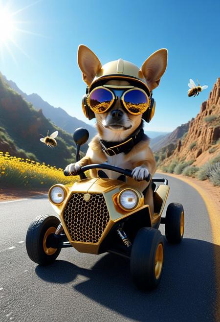 (made of gold Honeycomb:1.3), from side, cute small Honeycomb buggy, chihuahua driving, wear round goggles, wear animal ears helmet, run through on mountain Honeycomb road, Dust, blue sky, surround by bees, flower, cinematic, cinematic lighting, (masterpiece, best quality:1.4), ultra-high res, 4k, Photorealistic, insanely detailed, sfw,