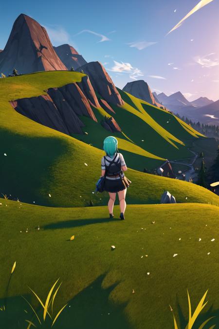 masterpiece, best quality, fortniteworld, (1girl, solo), mountain, grass, highly detailed, <lora:fortniteworld:0.3>