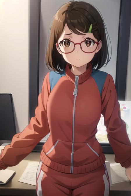 risaaoi, <lora:risa aoi s1-lora-nochekaiser:1>,
risa aoi, short hair, brown hair, hair ornament, (brown eyes:1.5), glasses, hairclip, red-framed eyewear,
BREAK jacket, pants, track jacket, track suit, haori,
BREAK indoors,
BREAK looking at viewer, (cowboy shot:1.5),
BREAK <lyco:GoodHands-beta2:1>, (masterpiece:1.2), best quality, high resolution, unity 8k wallpaper, (illustration:0.8), (beautiful detailed eyes:1.6), extremely detailed face, perfect lighting, extremely detailed CG, (perfect hands, perfect anatomy),