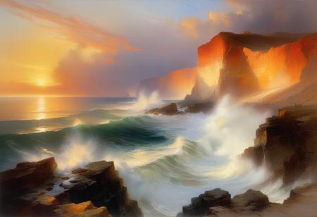 <lora:10NaturalismPainting_Hap_XL:3.5>,  Thomas Moran style, In the third image, a coastal landscape is depicted at sunrise or sunset, with the sky ablaze in shades of orange and yellow. The scene is framed by rugged cliffs and rocky outcrops, with waves crashing against the shore, creating a dynamic interplay of light and shadow. The golden light illuminates the mist and the water, casting a surreal glow over the entire landscape, evoking a sense of wonder and the sublime.