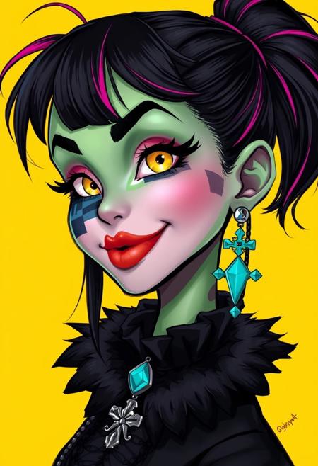 bo-neon, ArcaneFGTNR, a digital illustration in a vibrant, gothic style, it features a close-up of a young woman's face, with striking, exaggerated features, her skin is a pale, almost translucent green, with patches of black and white, resembling a patchwork fabric, her eyes are large and vivid, with a striking, glowing yellow hue, and her lips are full and slightly parted, revealing a playful, mischievous smile, she has dark, straight hair with pink highlights, styled in a high ponytail with a few loose strands framing her face, her makeup is bold and dramatic, with thick, black eyeliner and mascara accentuating her large, expressive eyes, she wears large, turquoise earrings with a cross pendant, and a black, high-collared top with a mix of fur and lace textures, the background is a solid, bright yellow, which contrasts sharply with her vivid colors, making her stand out vividly, the overall composition is dynamic, with the woman's expression and makeup drawing the viewer's attention, high quality, ultra detailed, colorful, grainy, cyberpunk fantasy<lora:ArcaneFGTNR.safetensors:1.0:1.0> <lora:Flux\boFLUX Neon Abyss.safetensors:1.0:1.0>