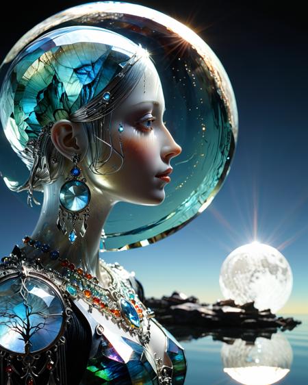 sorcerer viewed from the side, (full body:1.9), prismatic colorful light, shadows, LABRADORITE, silver, chrome,  illuminated face, sunlight shining through gemstone of semi-precious stone, detailed face, Kay Nielsen , water, reflections, transparency, arch, moon, volumetric lighting, prismatic effect, blood, viewed from the side, <lora:add-detail-xl:1.0>  <lora:xl_more_art-full_v1:0.5>