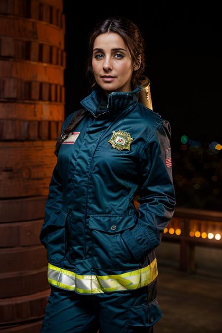 firefighter costume ,  observatory , dusk  <lora:Louise_Redknapp:1> mature l1873r, 1girl, solo, masterpiece, best quality, detailed face,