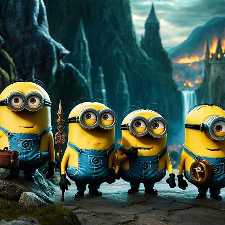 Minions in Middle-earth: recreate a remake of Lord of the Rings, but in a universe of minions cinematic lighting, macro photography, fine details, magical realism, beautifully lit