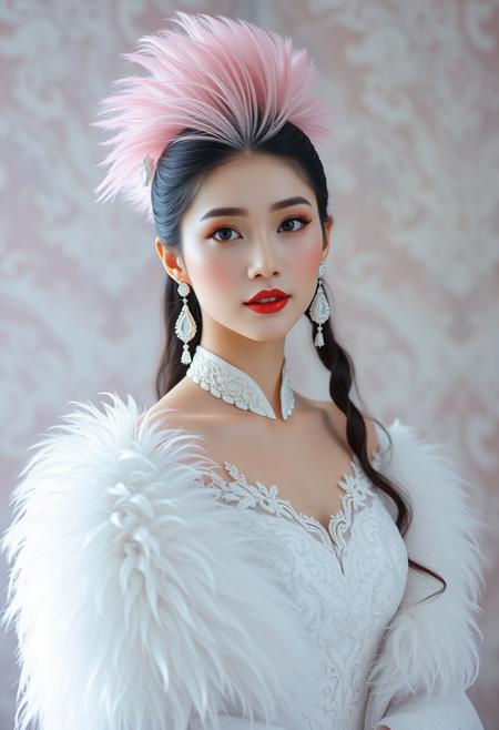 araffe woman in a white dress with a feathered shaw, fan bingbing, korean audrey hepburn, portrait of female korean idol, li bingbing, beautiful render of tang dynasty, female actress from korea, ice princess, pink crystal mohawk, portrait color glamour, anime barbie in white, korean women's fashion model, anime barbie doll, white hime cut hairstyle