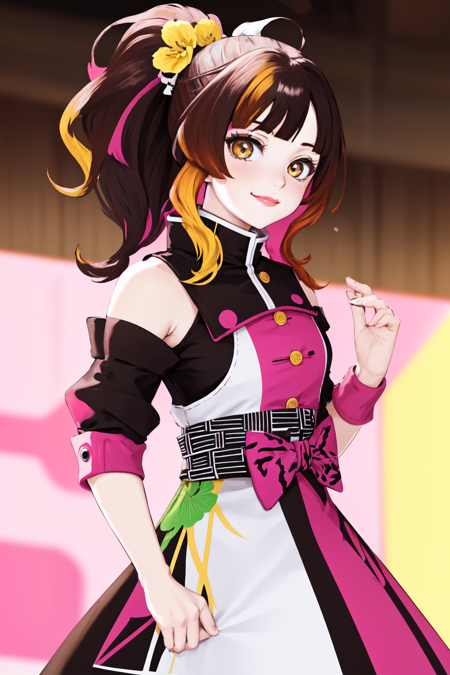 Contrast Pop Art,best quality, ultra high res, kimetsu no yaiba style,1girl, solo, looking at viewer, brown hair, brown eyes, blurry background, blurry, multicolored hair, ponytail, blonde hair, upper body, dress, flower, bare shoulders, smile, lipstick, closed mouth, anime coloring, monochrome, yellow theme <lora:Contrastv2:0.6>