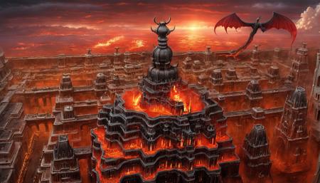 Scene concept, lava field, 3D rendering, ultra-clear details, masterpiece, high quality, no humans, landscape, clouds, sky, wings, cityscape, red sky, building, flying, fantasy, cloudy sky, outdoors, sunset, tower, fire, underground magma, collapse,<lora:çå²©ä¹å°:1>