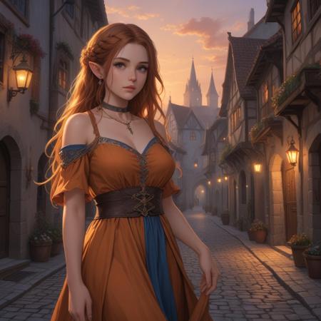 baldur’s gate 3, 1 girl, ambient lighting, middle ages, fantasy, half-elf, brown dress, waist belt, off shoulder, sexy, long hair half braided, small flowers in hair, in old town, middle ages street, holding a small light, late evening, sundown, orange blue sky, lit street, small choker necklace,