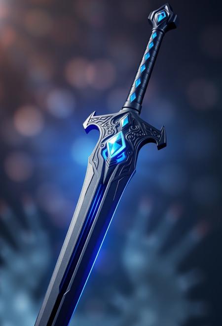 A highly realistic and striking image of a divine sword with a long, sleek, polished black metal blade featuring aggressive, jagged patterns. The double-edged blade is sharp, radiating a fierce, magical blue aura. The short handle, made of black divine material, is adorned with intense, luminous patterns and stripes. A diamond at the center adds a dramatic light-blue accent. The sword is shown alone with a mystical bokeh background, emphasizing its powerful and menacing beauty