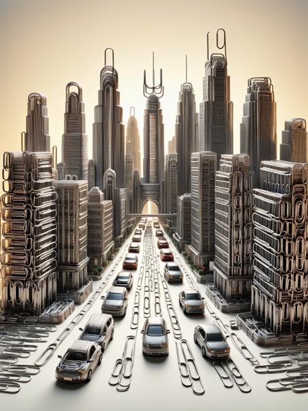 A cityscape with towering skyscrapers, a straight road, and a stationary car, all made from ais-paperclips, under a setting sun <lora:Paperclips_Style_SDXL:1>