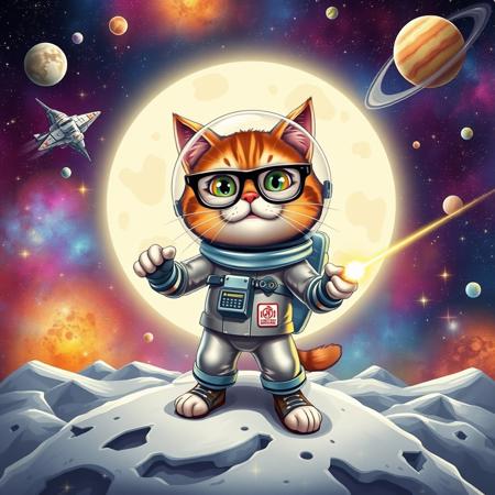 A brave, bespectacled cat named 'Professor Purr-cival' 
standing on the moon, wearing a shiny spacesuit and holding a giant, 
glowing laser pointer. The background is a colorful galaxy with stars, 
planets, and spaceships flying by. Incorporate dynamic expressions and 
fun, exaggerated facial features.